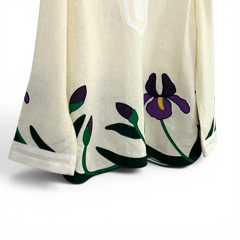 Tory Burch Women 16 Cream Ivory Multicolor 100% Linen Embroidered Tunic Top NWT